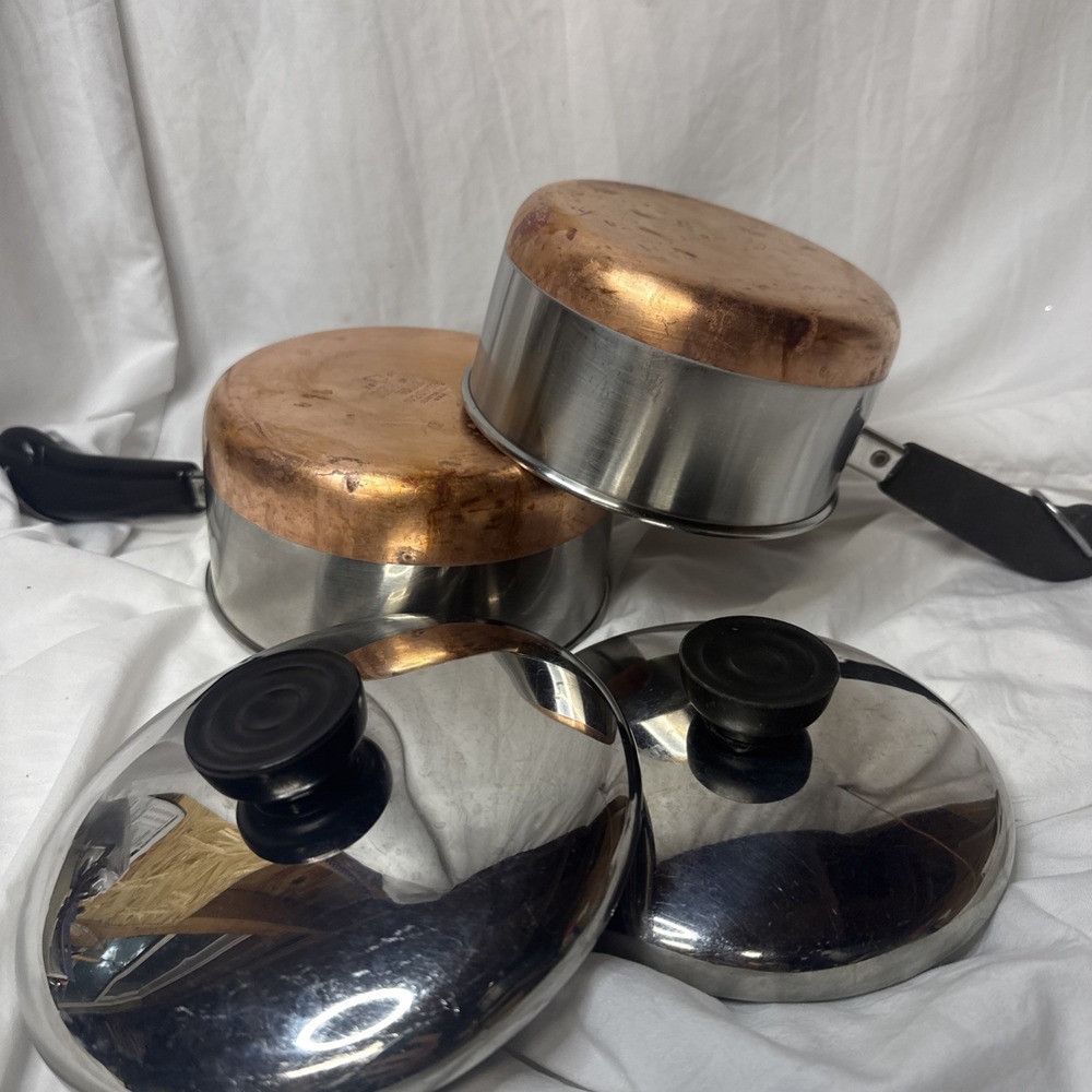 Vintage Revere Ware Sauce Pot Pan 2 Stainless Copper Clad 1 1/2 QT 1QT & Lids - Picture 7 of 13